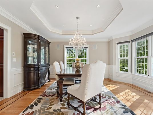 Chandelier, Dining room, Interior, Recessed Lighting, Wood Texture Flooring