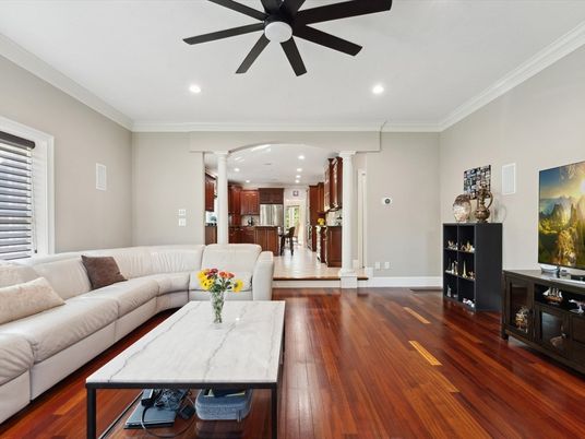 Interior, Kitchen, Living room, Recessed Lighting, Stainless Steel Appliances, Wood Texture Flooring