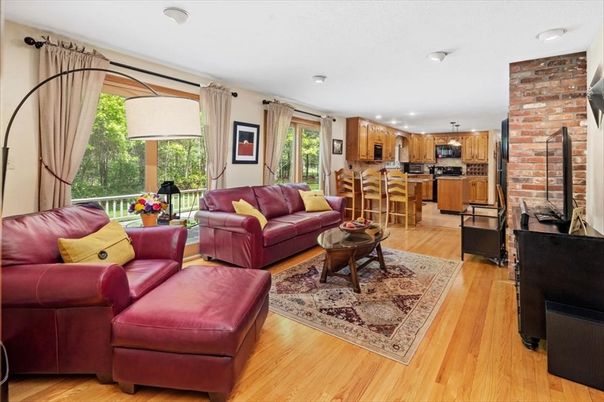 Interior, Kitchen, Living room, Recessed Lighting, Stainless Steel Appliances, Stone Walls, Wood Texture Flooring