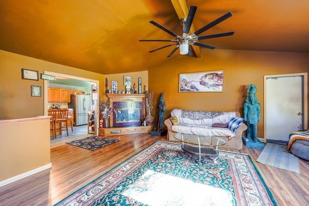 Fireplace, Interior, Kitchen, Living room, Wood Texture Flooring