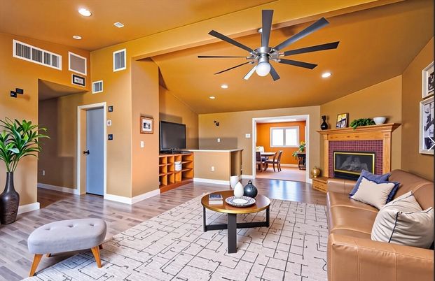 Dining room, Fireplace, Interior, Living room, Recessed Lighting, Wood Texture Flooring