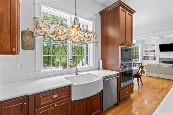 Fireplace, Interior, Kitchen, Pendant Lights, Wood Texture Flooring