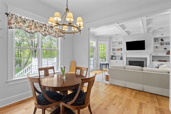 Chandelier, Dining room, Fireplace, Interior, Living room, Wood Texture Flooring