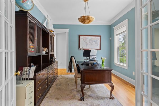 Home Office, Interior, Pendant Lights, Wood Texture Flooring