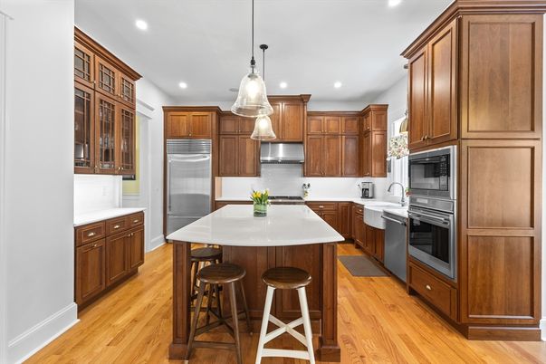 Interior, Kitchen, Pendant Lights, Recessed Lighting, Stainless Steel Appliances, Wood Texture Flooring