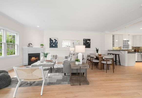 Dining room, Fireplace, Interior, Kitchen, Living room, Pendant Lights, Recessed Lighting, Wood Texture Flooring