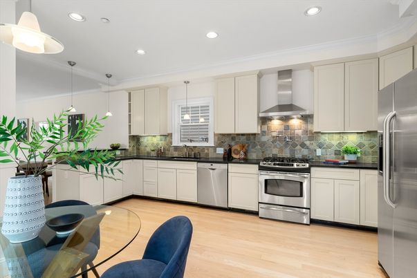 Interior, Kitchen, Pendant Lights, Recessed Lighting, Stainless Steel Appliances, Wood Texture Flooring