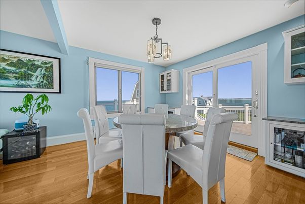Dining room, Interior, Pendant Lights, Water, Wood Texture Flooring