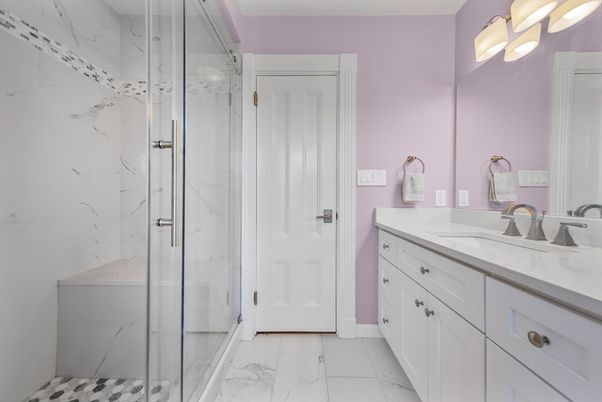 Bathroom, Dual Sink Vanities, Glass Shower, Interior, Marble, Marble Walls