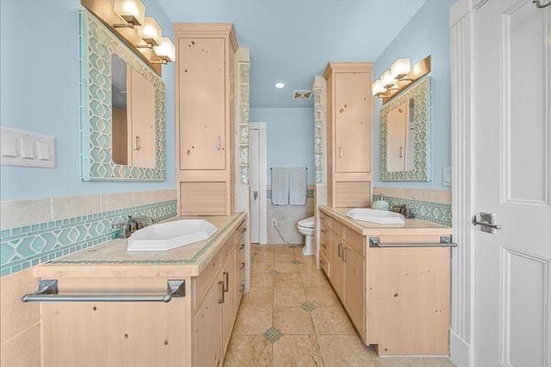 Bathroom, Dual Sink Vanities, Interior, Recessed Lighting, Tile Countertops