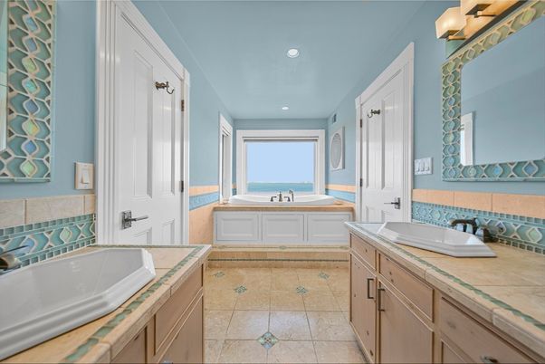 Bathroom, Dual Sink Vanities, Interior, Recessed Lighting, Tile Countertops