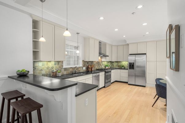 Interior, Kitchen, Pendant Lights, Recessed Lighting, Stainless Steel Appliances, Wood Texture Flooring