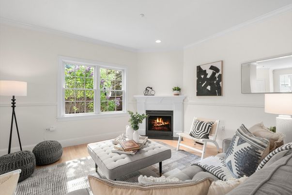 Fireplace, Interior, Living room, Recessed Lighting, Wood Texture Flooring