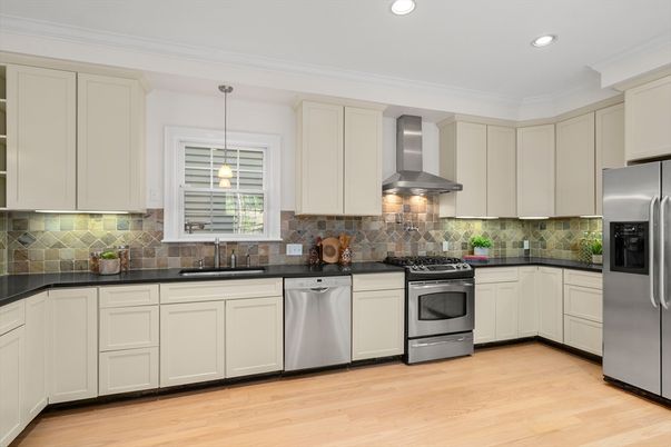 Interior, Kitchen, Pendant Lights, Recessed Lighting, Stainless Steel Appliances, Wood Texture Flooring