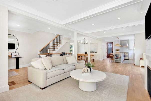 Chandelier, Dining room, Fireplace, Interior, Kitchen, Living room, Pendant Lights, Recessed Lighting, Wood Texture Flooring