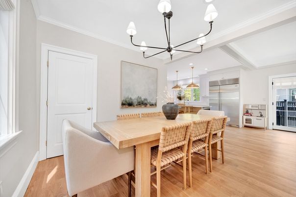 Dining room, Interior, Kitchen, Pendant Lights, Recessed Lighting, Stainless Steel Appliances, Wood Texture Flooring