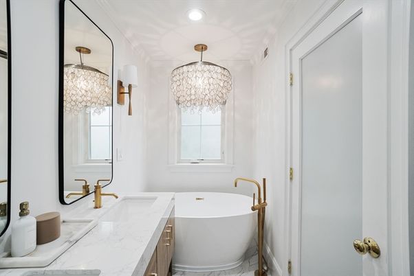 Bathroom, Chandelier, Dual Sink Vanities, Free Standing Baths, Interior, Marble, Recessed Lighting