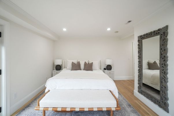 Bedroom, Interior, Recessed Lighting, Wood Texture Flooring
