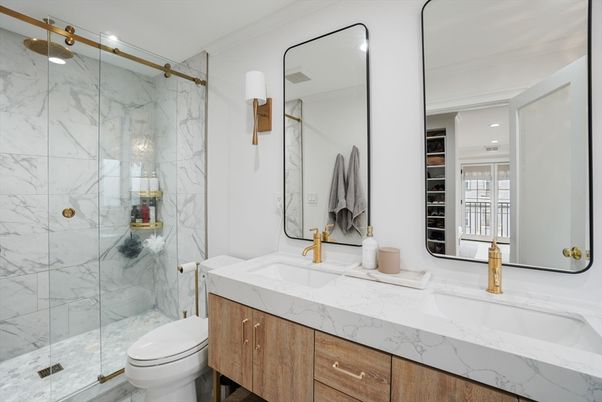 Bathroom, Glass Shower, Interior, Marble Walls, Recessed Lighting