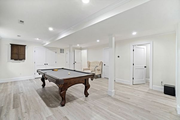 Billiard Table, Game Room, Interior, Recessed Lighting, Wood Texture Flooring