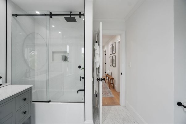 Bathroom, Glass Shower, Interior, Wood Texture Flooring