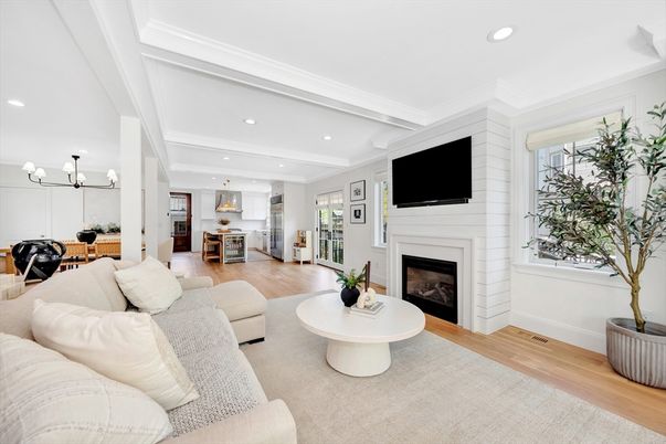 Fireplace, Interior, Kitchen, Living room, Pendant Lights, Recessed Lighting, Wood Texture Flooring