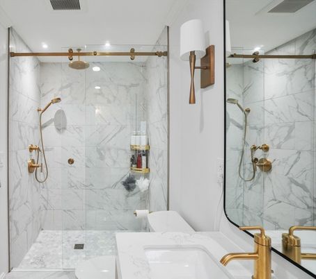 Bathroom, Dual Sink Vanities, Glass Shower, Interior, Marble, Marble Walls, Recessed Lighting