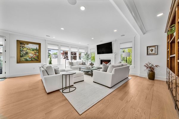 Fireplace, Interior, Living room, Recessed Lighting, Wood Texture Flooring