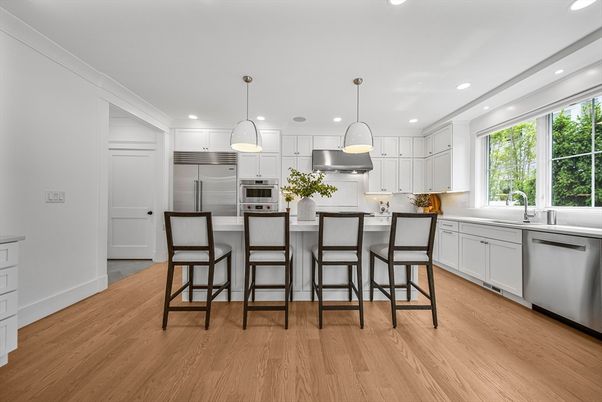 Interior, Kitchen, Pendant Lights, Recessed Lighting, Stainless Steel Appliances, Wood Texture Flooring