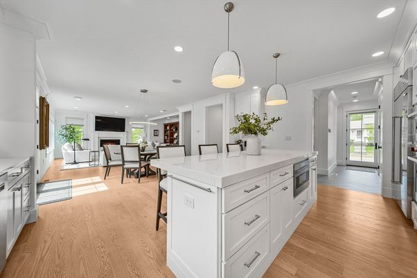Dining room, Fireplace, Interior, Kitchen, Pendant Lights, Recessed Lighting, Wood Texture Flooring