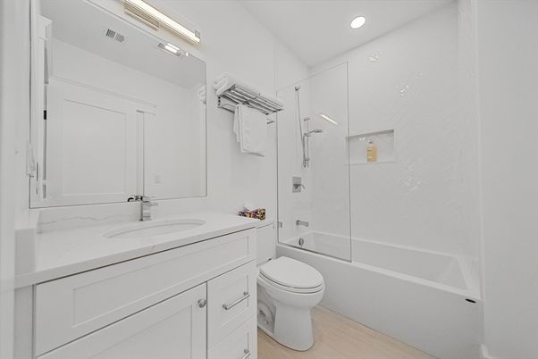 Bathroom, Glass Shower, Interior, Recessed Lighting, Wood Texture Flooring