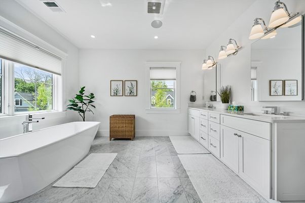 Bathroom, Dual Sink Vanities, Free Standing Baths, Interior, Marble, Recessed Lighting