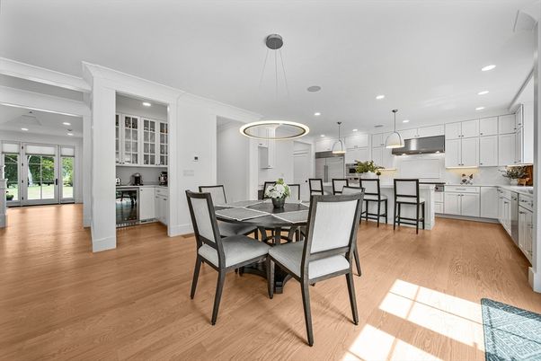 Dining room, Interior, Kitchen, Pendant Lights, Recessed Lighting, Wood Texture Flooring