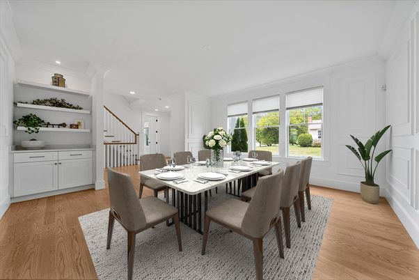 Dining room, Interior, Recessed Lighting, Wood Texture Flooring