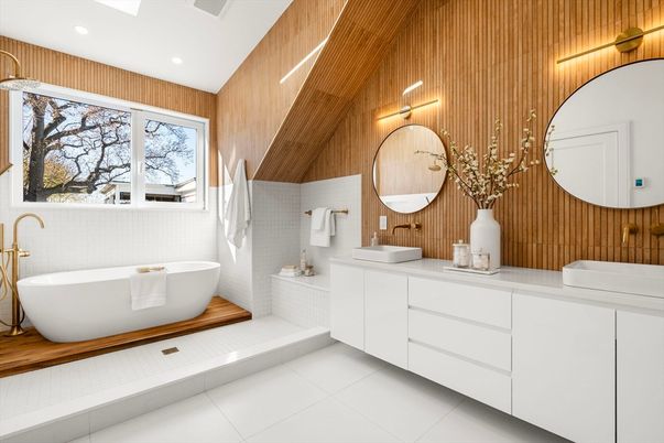 Bathroom, Dual Sink Vanities, Free Standing Baths, Interior, Recessed Lighting, Wooden Walls