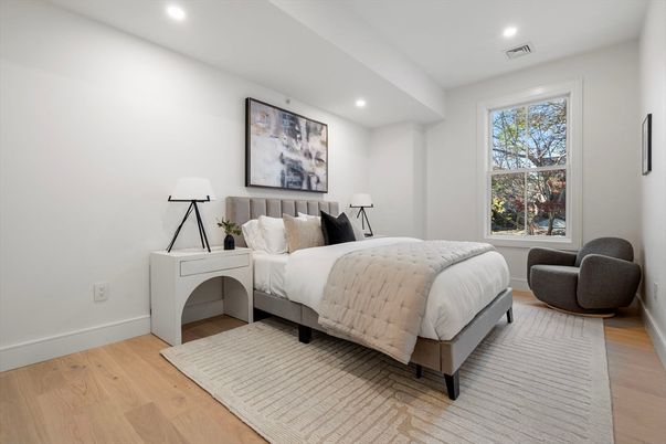 Bedroom, Interior, Recessed Lighting, Wood Texture Flooring