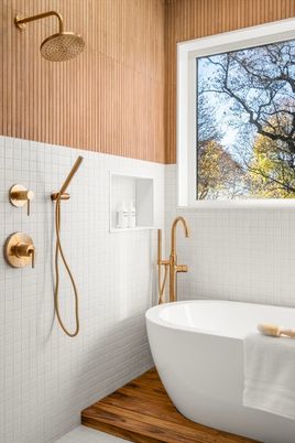 Bathroom, Free Standing Baths, Interior, Wood Texture Flooring