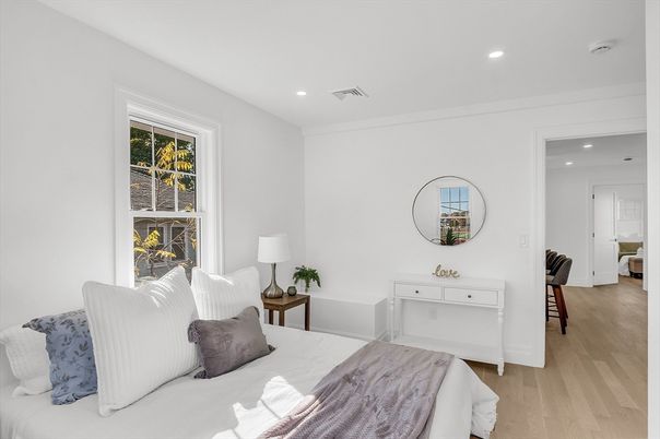 Bedroom, Interior, Recessed Lighting, Wood Texture Flooring