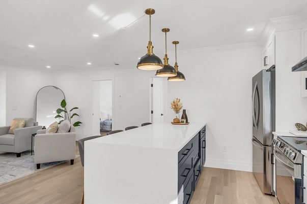 Interior, Kitchen, Living room, Pendant Lights, Recessed Lighting, Stainless Steel Appliances, Wood Texture Flooring
