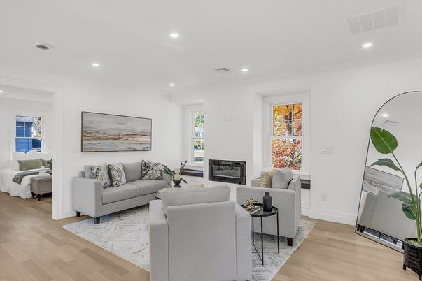 Fireplace, Interior, Living room, Recessed Lighting, Wood Texture Flooring