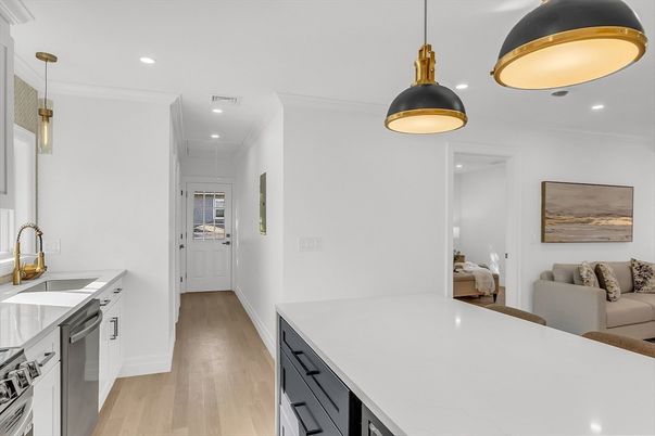 Interior, Kitchen, Pendant Lights, Recessed Lighting, Wood Texture Flooring