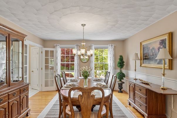 Chandelier, Dining room, Interior, Wood Texture Flooring