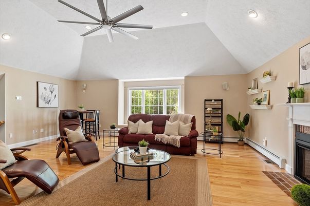Fireplace, Interior, Living room, Recessed Lighting, Wood Texture Flooring