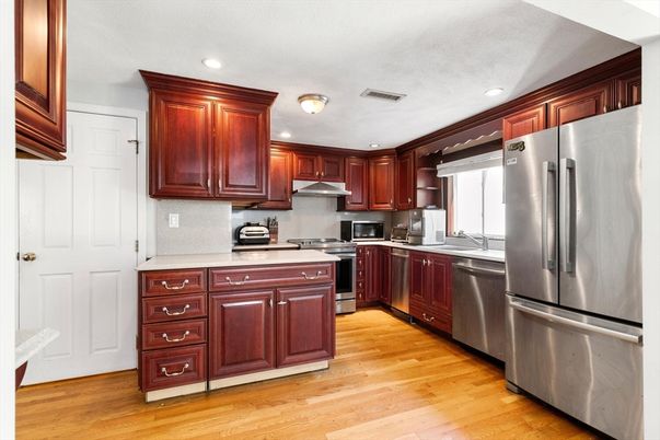 Interior, Kitchen, Recessed Lighting, Stainless Steel Appliances, Wood Texture Flooring