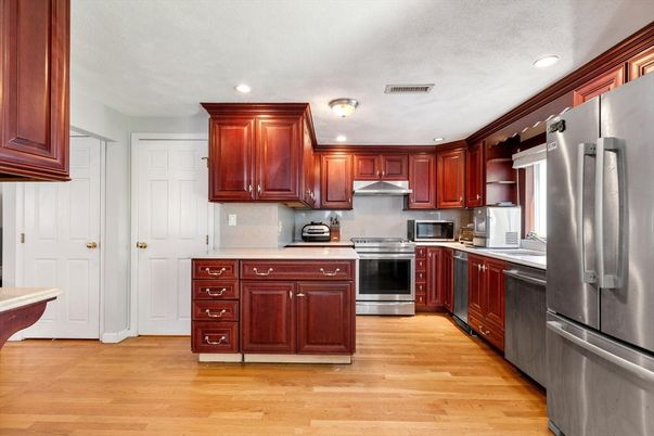 Interior, Kitchen, Recessed Lighting, Stainless Steel Appliances, Wood Texture Flooring