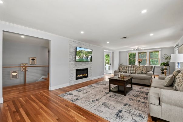Fireplace, Interior, Living room, Recessed Lighting, Wood Texture Flooring