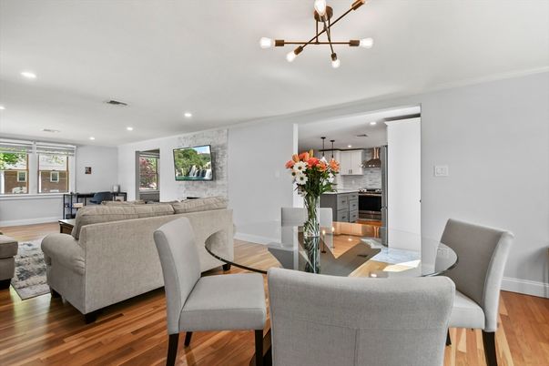 Dining room, Interior, Kitchen, Living room, Pendant Lights, Recessed Lighting, Stainless Steel Appliances, Wood Texture Flooring