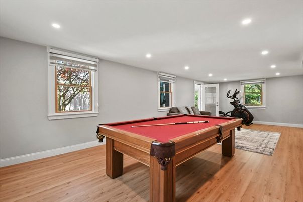 Billiard Table, Fitness Equipment, Game Room, Interior, Recessed Lighting, Wood Texture Flooring
