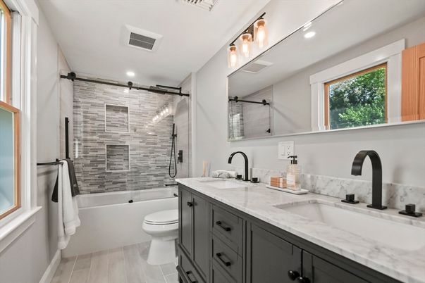 Bathroom, Dual Sink Vanities, Glass Shower, Interior, Recessed Lighting, Wood Texture Flooring