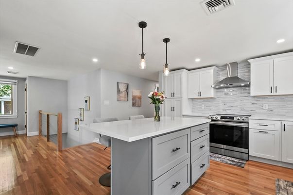 Interior, Kitchen, Pendant Lights, Recessed Lighting, Stainless Steel Appliances, Wood Texture Flooring